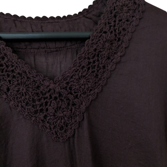 Drapey brown boho blouse | crochet collar | NWOT - Picture 3 of 3